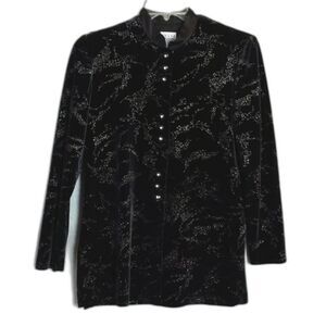R&M Richards Karen Kwong Black Velour Silver Glitter Floral Shirt Jacket Size 10